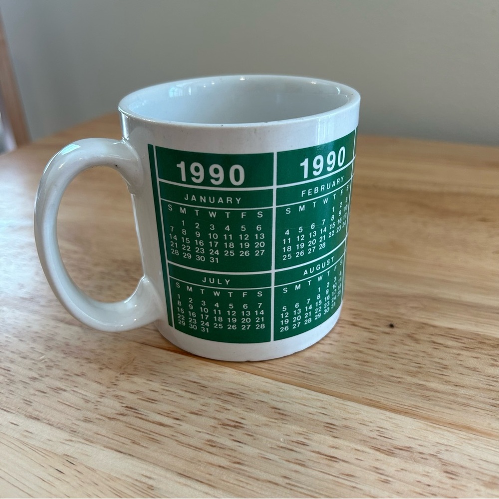 Vintage 1990 Year Calendar Coffee Cup Green‎ And White
